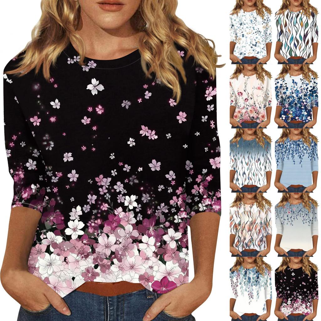 Women's Fashion Casual Three-quarter Sleeve Vintage Floral Print Round Neck Top