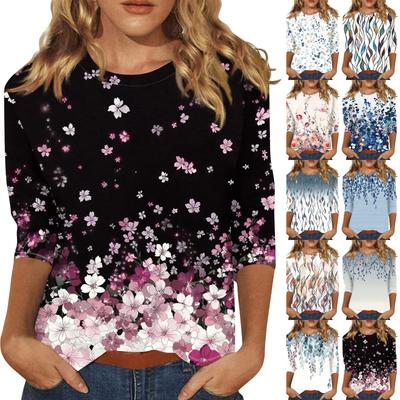 Женская мода повседневная три четверти рукав винтажный цветочный принт круглый вырез топ