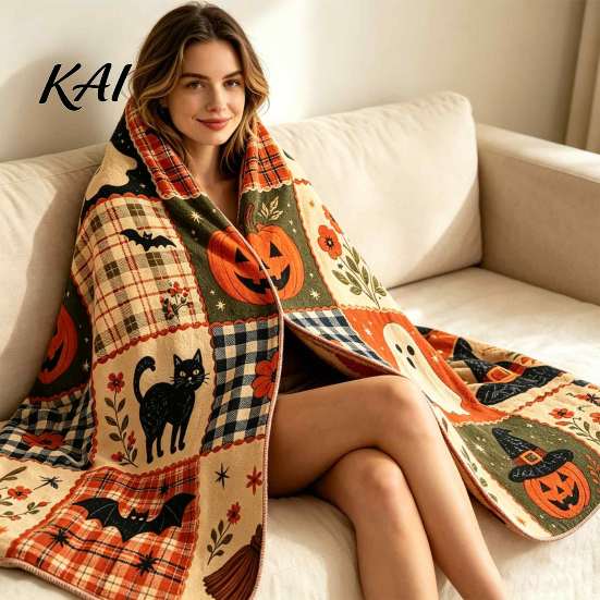 Decorative Throw for Living Room Halloween Patchwork Blanket, 90s Vintage Plaid Tapestry with Ghost Pumpkin Bat, Cozy Retro Decor Woven Cover