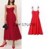 Spring New Women's Clothing French Style Retro Pure Color Figure Flattering Cinched Waist Lace-up Long Midi Skirt Sling Dress