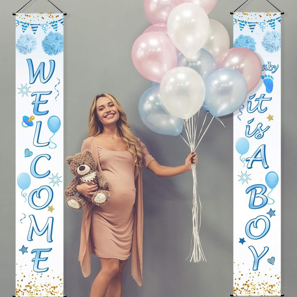 Blulu Baby Shower Decorations 71 x 12 Inch Welcome It Is a Boy Banner Backdrop Background Door Hanging Porch Sign for Baby Shower Gender Reveal Party