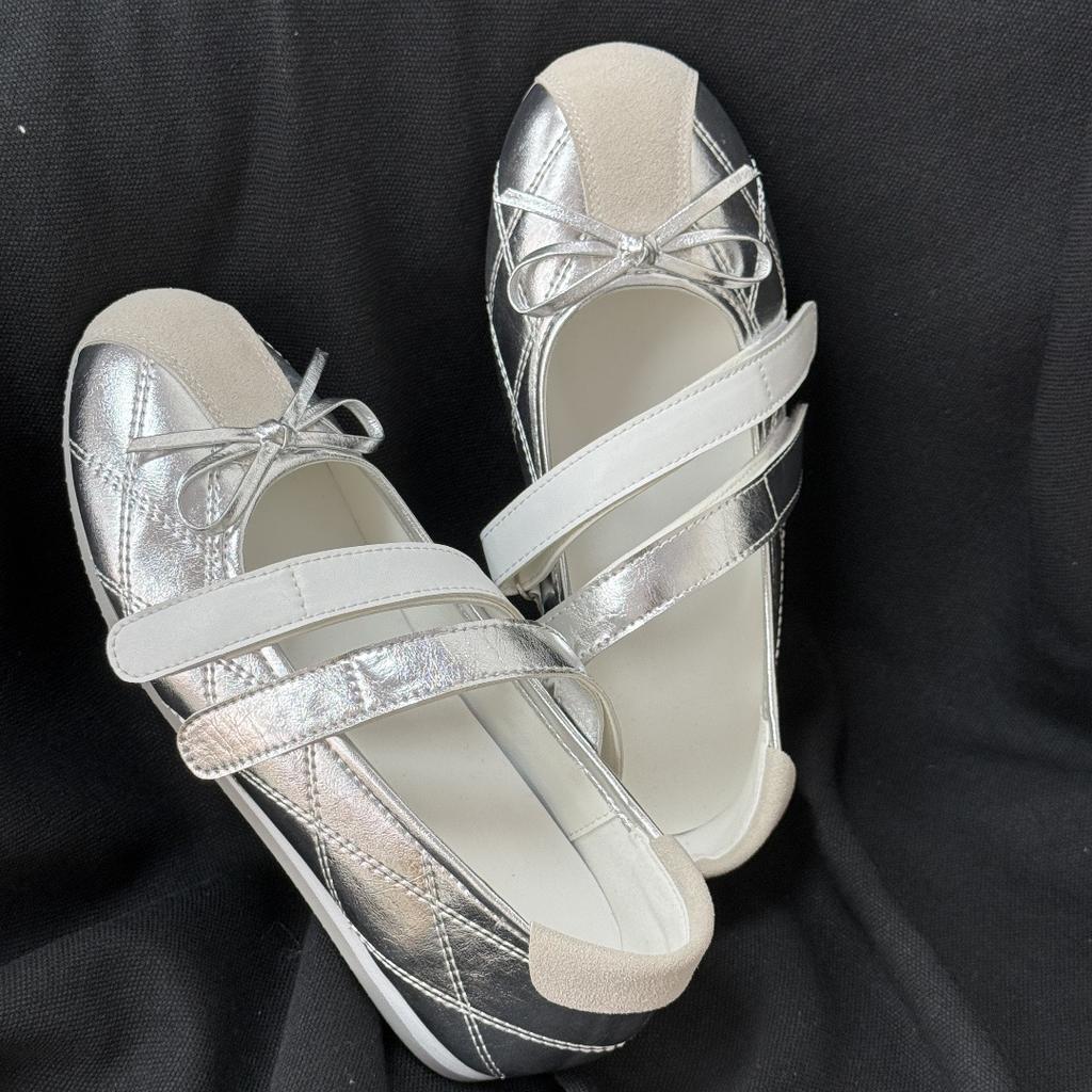 Sheepskin~ Spanish Sports Bow Mary Jane 2025 New Silver Casual Velcro Ballet Shoes for Women
