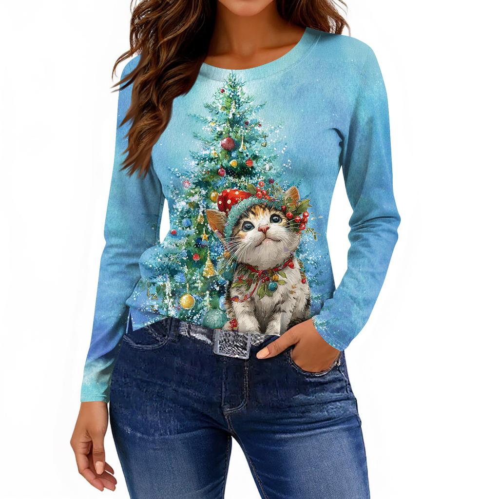 Женская модная повседневная свободная футболка с принтом и круглым вырезом с разрезом и длинным рукавом, женский топ