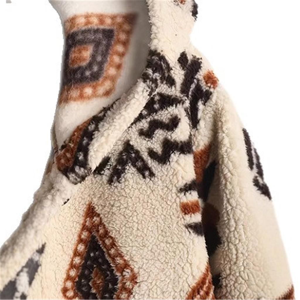 Women Ethnic Geometric Print Fleece Shirt Jacket Lapel Collar Button‑Up Long Sleeve Loose Casual Overshirt Coat