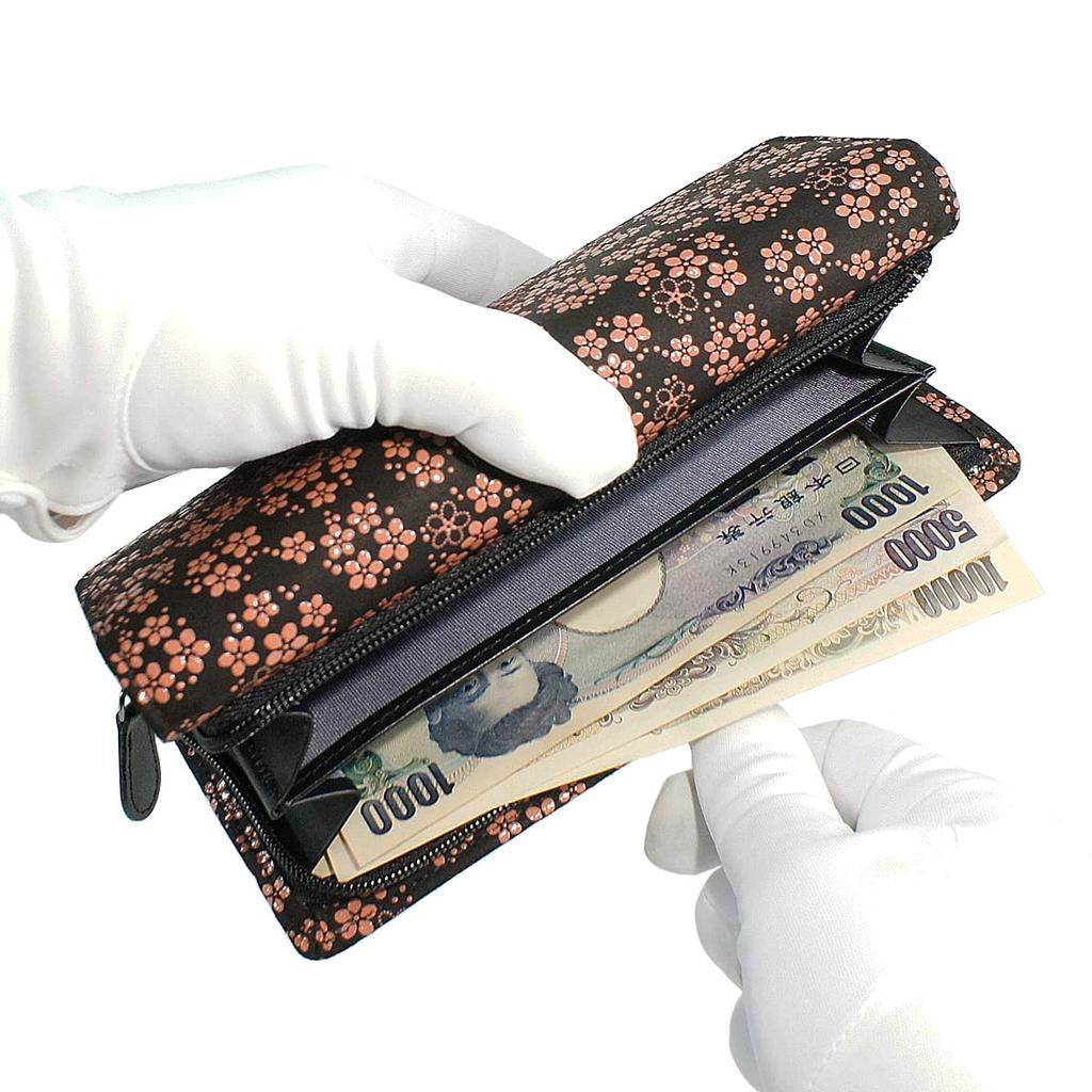 Inden Long Bundle Large Black Background X Pink Pattern [Indenya] Wallet, S, Capacity, Deerskin, Lacquer, Forget-me-not 2310-51-181