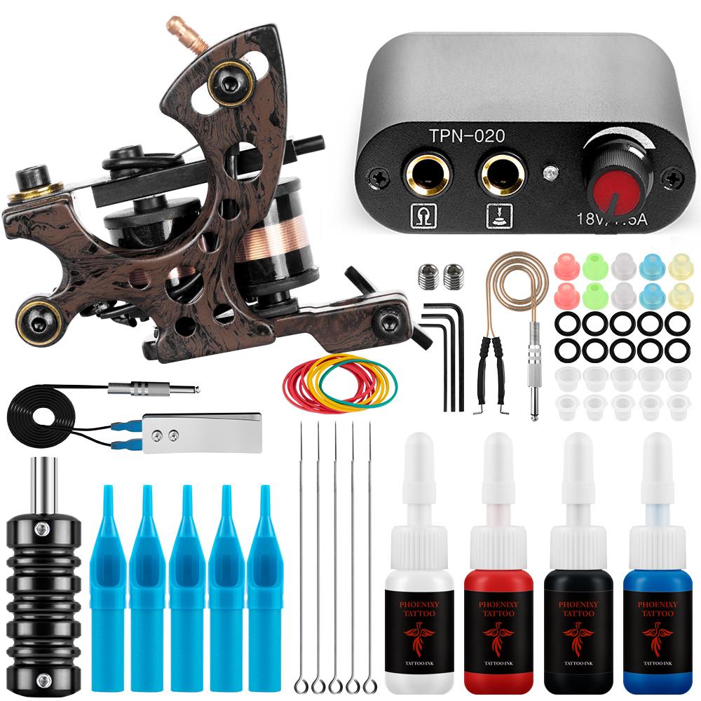 Набор катушек для татуировки PHOENIXY с 4 цветами чернил для татуировки, профессиональная катушка, лайнер для татуировки, шейдер, инструменты для татуировки, комплект принадлежностей для татуировки