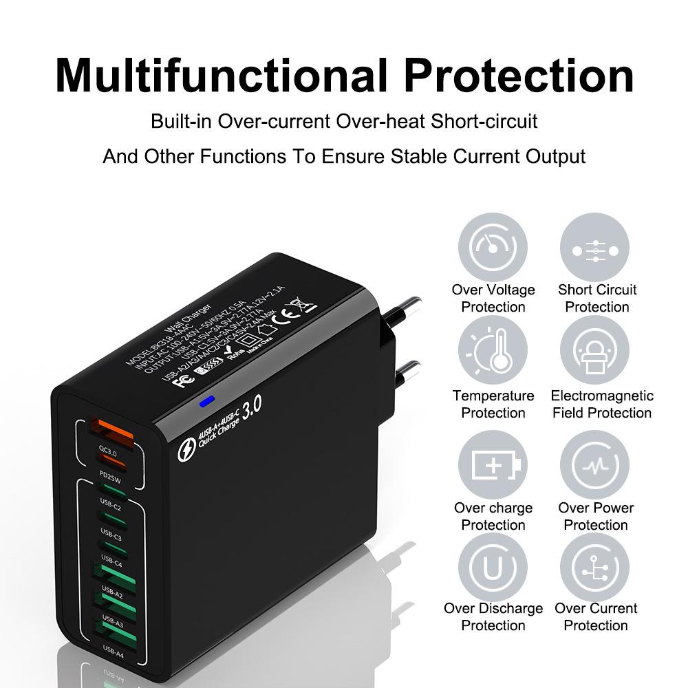Быстрое зарядное устройство PD 55 Вт на 8 портов: 4 USB, 4 PD, QC3.0, Стандарт EU/US/KR