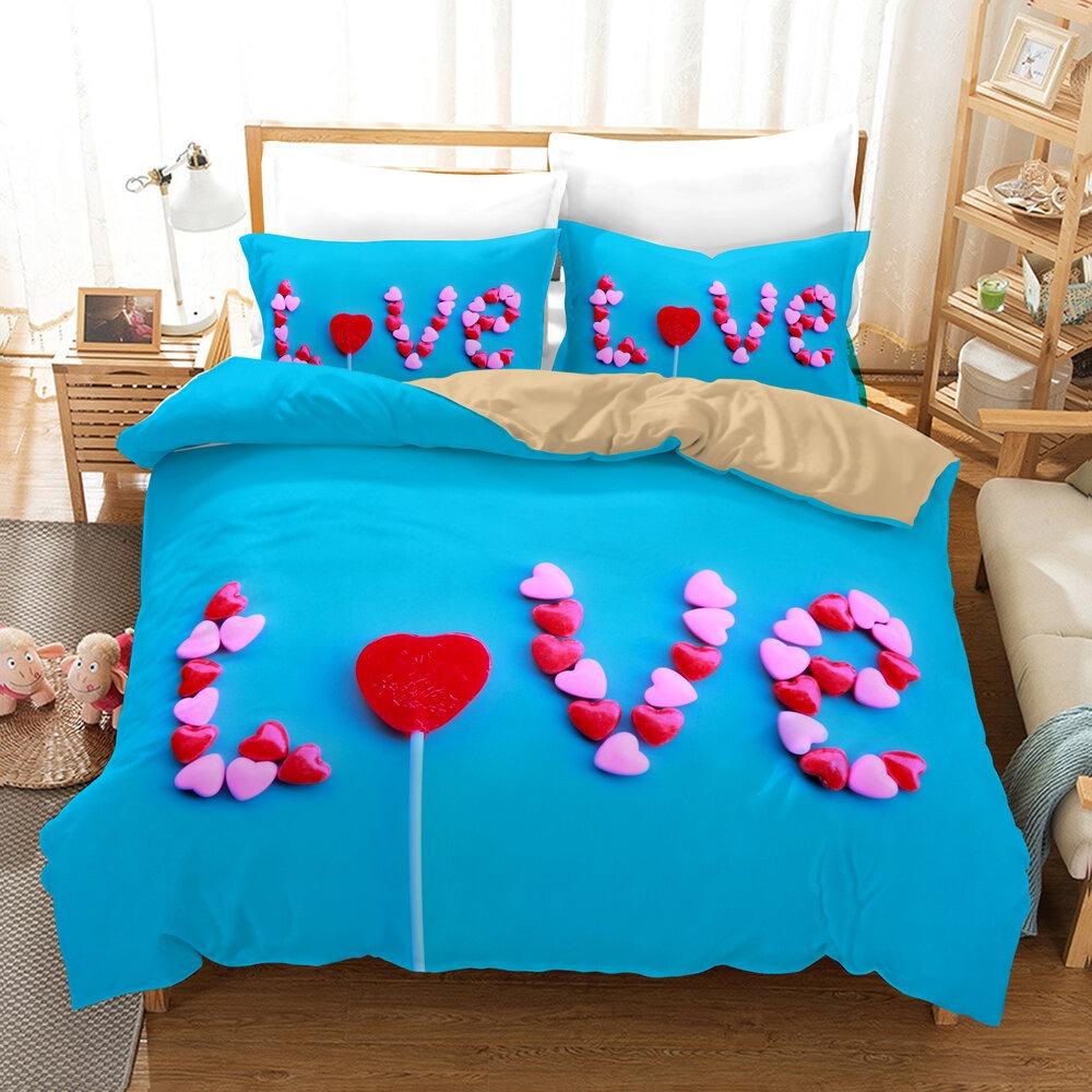 Love Heart Duvet Cover Set King Size Valentines Bedding Set Pink Love Heart Pattern Soft Microfiber fabric For Girls Women Quilt