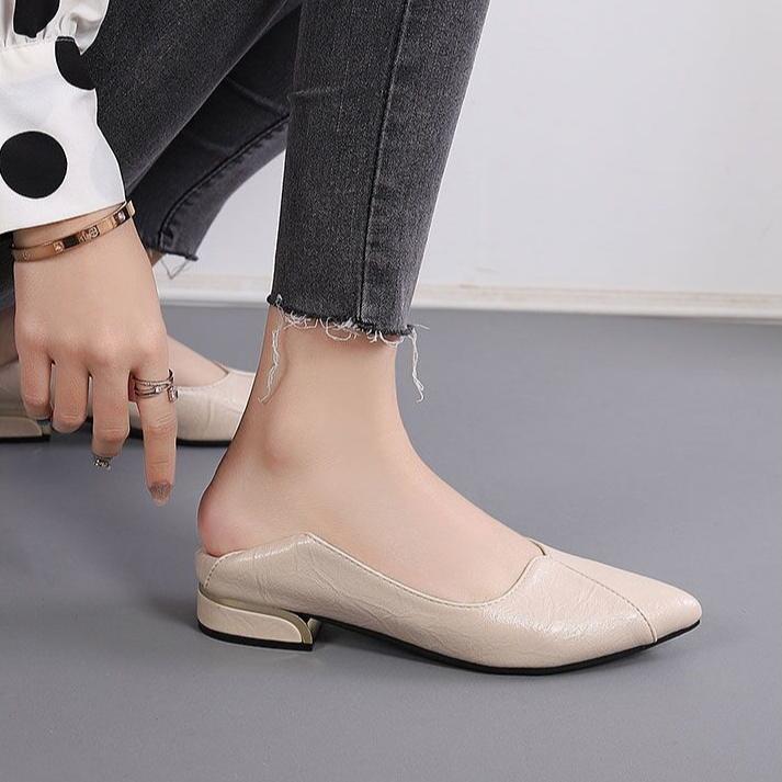 Single Shoe Women's Flat Bottomed Spring Thick Heel Pointed Leather Shoes Women's Work Shoes Lazy Shoes