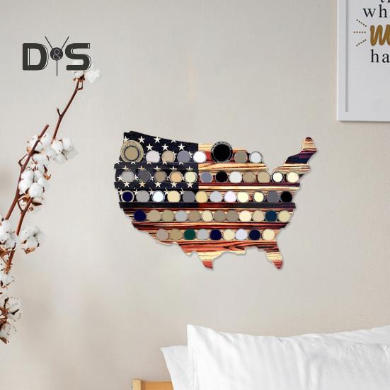Challenge Coin Display Stand Wooden American Flag USA Map Shape Coin Holder Vintage Wall Mounted Coin Display Stand for Veterans Patriotic Souvenirs