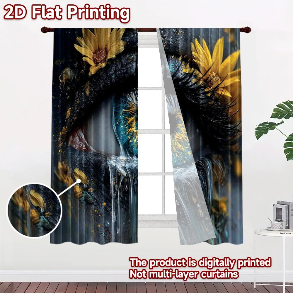 2D flat printing 2pcs Curtain Window Drapes Blue Eye with Flowers Digital Printed Polyester Drapes Family Party for Bedroom