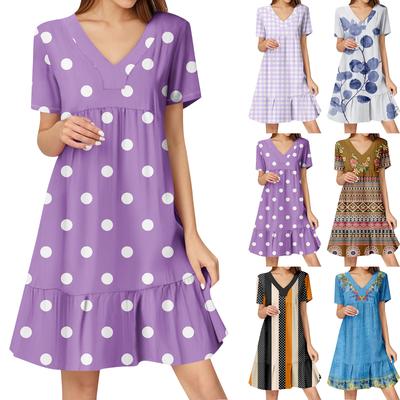 Женское летнее платье с коротким рукавом и V-образным вырезом, короткие платья, модное повседневное струящееся бохо-платье с оборками, А-силуэт, свободное платье-халат
