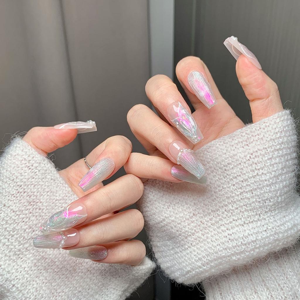 Women Hand‑Painted Cat‑Eye Press‑On Nails Pure‑Handcrafted Mermaid‑Tail Premium Brightening False Nail Tips