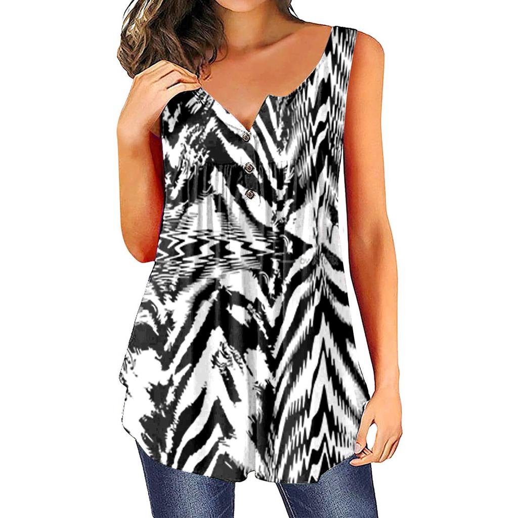 (SU)Женская мода с цветочным принтом плиссированная повседневная футболка без рукавов жилет на пуговицах