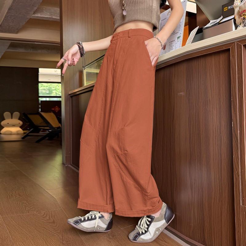 Womens High-Waisted Wide-Leg Cropped Cotton Pants Loose Fit Casual Trousers Lightweight