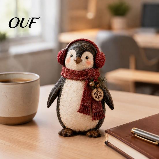 Desktop Figurines for Office Christmas Penguin Ornament with Scarf, Resin Winter Animal Figurine, Party Favors Charming Statue Holiday Desk Decor And