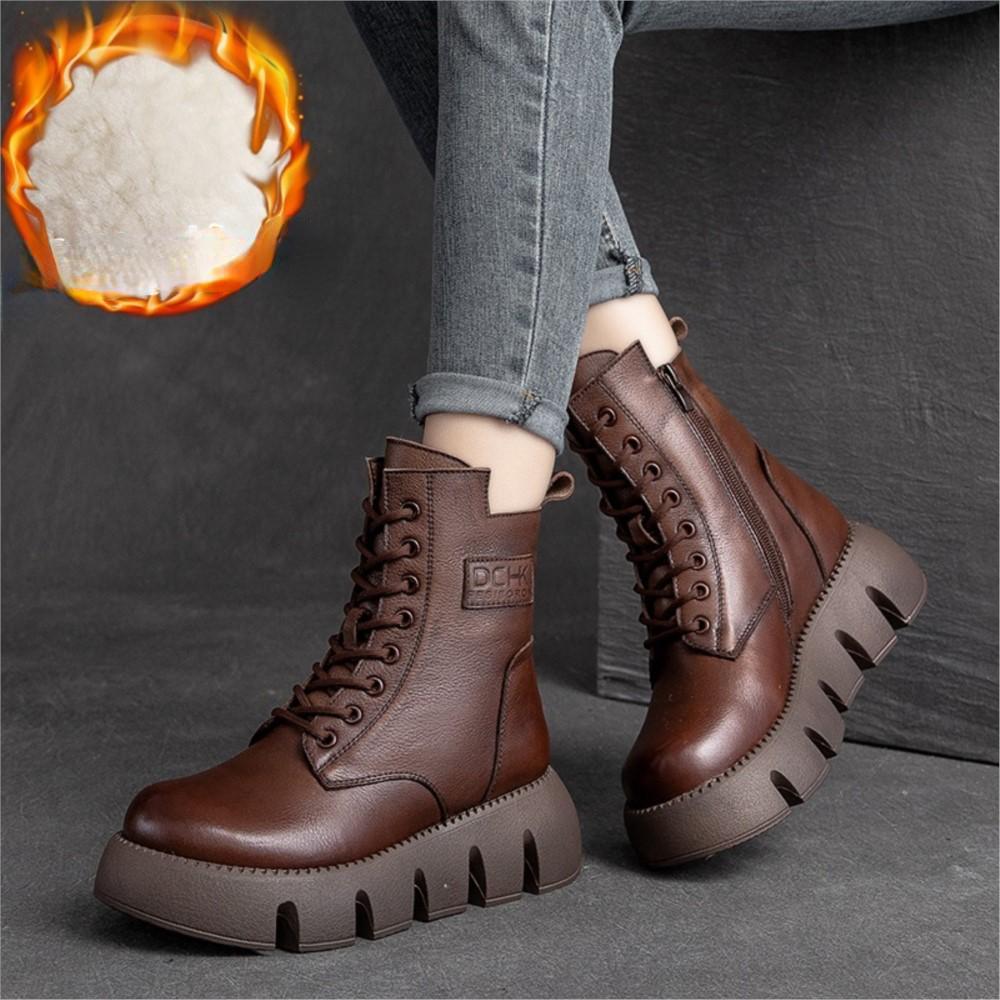 Johnature Женские ботинки из натуральной кожи, зимние ботинки на молнии с круглым носком, женские шитье, ботильоны ручной работы на платформе в стиле ретро