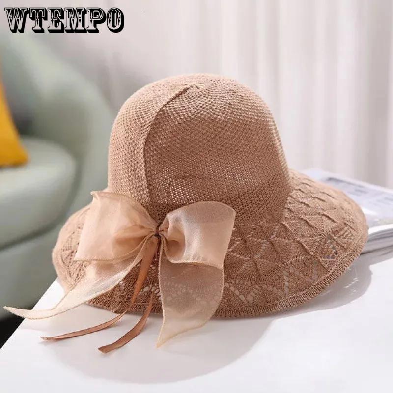 WTEMPO Women's Wide Brim Solid Color Sun Knitted Hats Elegant Casual Foldable Summer Outdoor Sunscreen Hats
