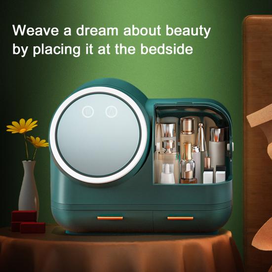 Yousheng Dustproof Makeup Storage Box with LED Mirror Large Capacity Multiple Compartments Countertop Makeup Storage Organizer