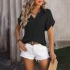 Women's Fashion Solid Color Loose Short Sleeved Casual Pleated Button Up Shirt Top
