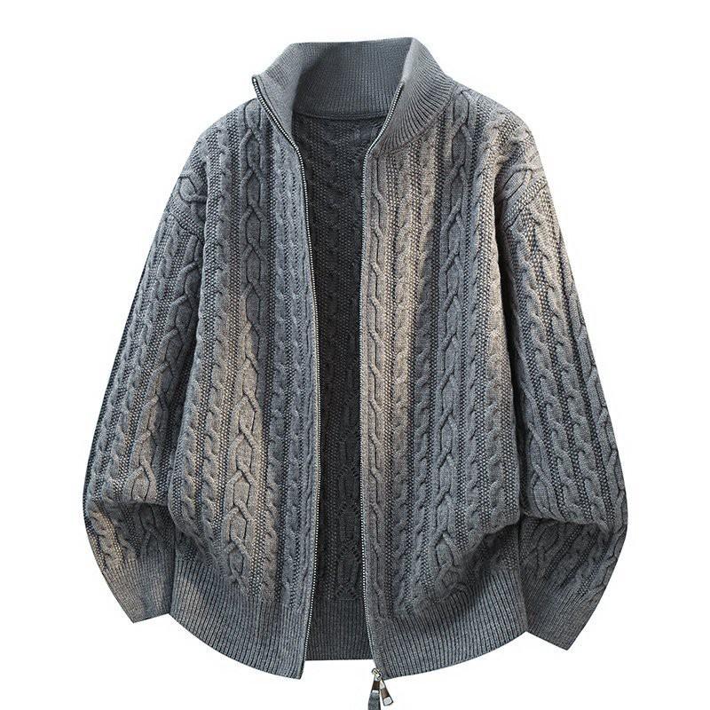 Mens Loose Knit Cardigan With Stand Collar Zipper Front - Solid Color Warm Fleece-Lined Sweater Winter Casual Wear