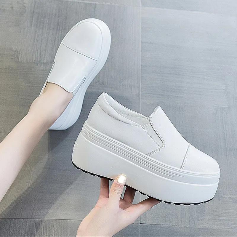 8CM Cow Leather Woman Platform Sneakers Womans Casual Shoes Chunky Sneaker Women Shoes Black Womens White Trainers  Mujer