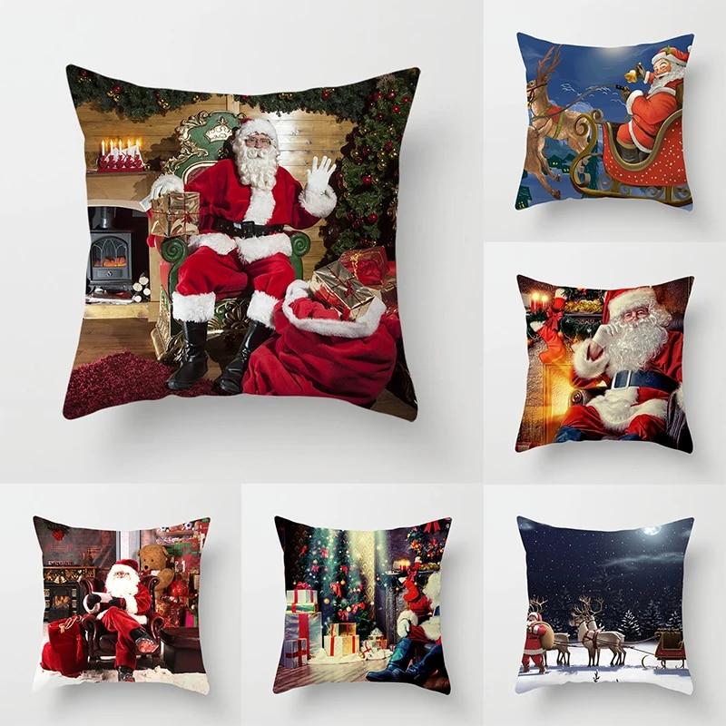 Рождественская наволочка, зимняя снежная сцена, наволочка с принтом Санта-Клауса, наволочка для гостиной, дивана, рождественское украшение для дома
