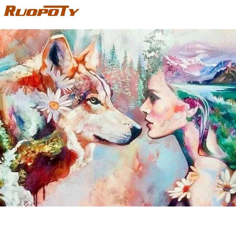 RUOPOTY Девушка и красочная фигурка льва, наборы для рисования по номерам, в рамке 60x75 см, DIY масляные краски, раскраска на холсте, домашний декор, искусство