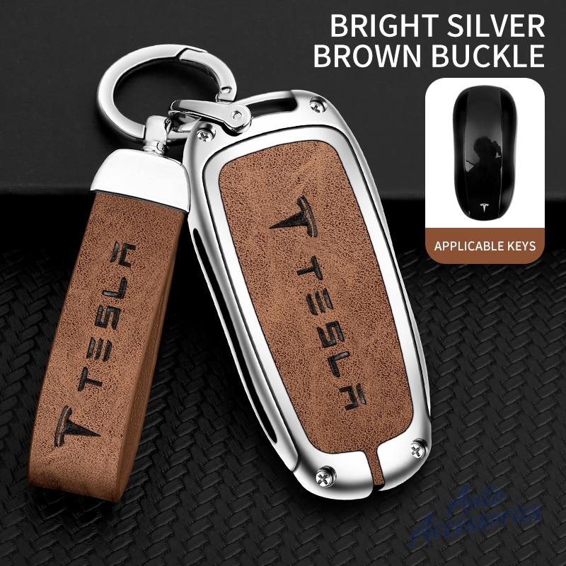 ALN1 Alloy Car Smart Remote Key Case Cover Protection Shell Keyring For Tesla Model 3 Model Y Model S X Leather Keychain Accessories