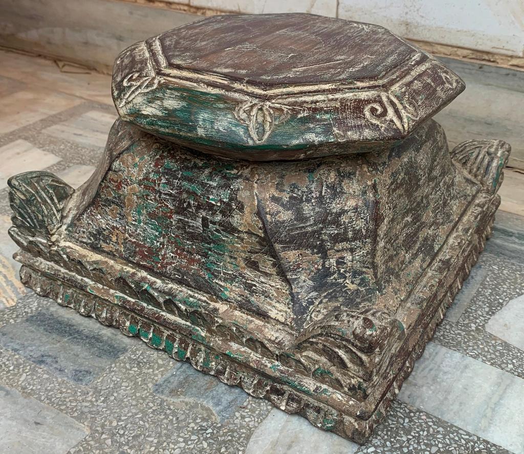 Indian Carved Wood Shelf Bracket: Antique Distressed Painted Panel