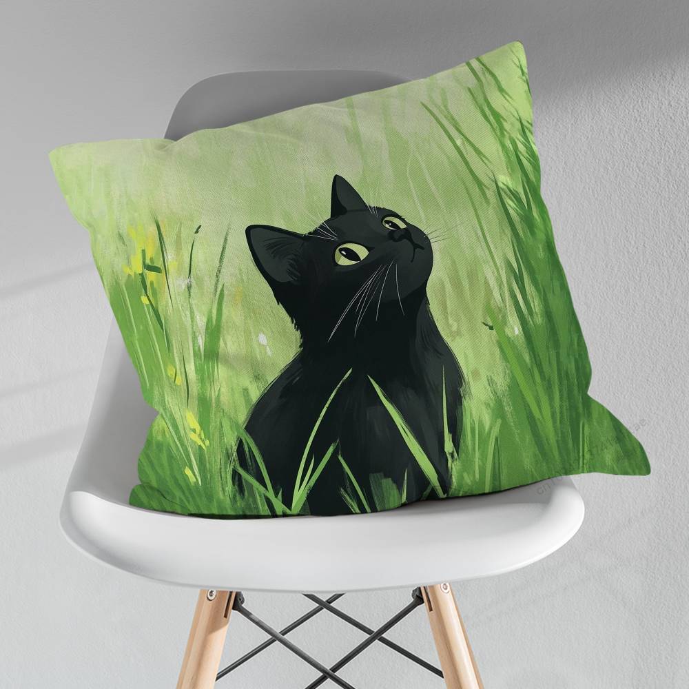 Cute Black Cat Cartoon Art Pillowcase for Sofa Room Office Decor Printing Merchandise AllMatch Cushion Cover