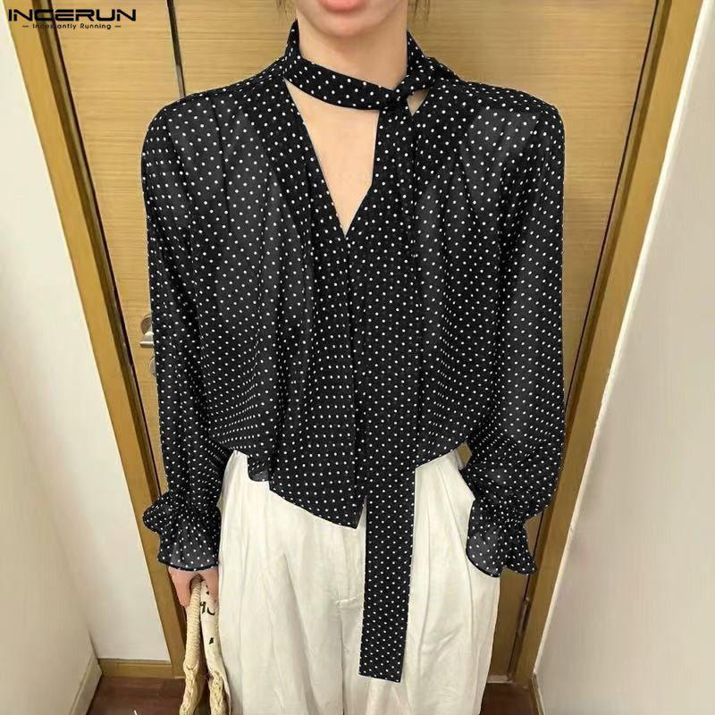 INCERUN Мужские блузки с длинным рукавом, полупрозрачные, в горошек, оверсайз, повседневные