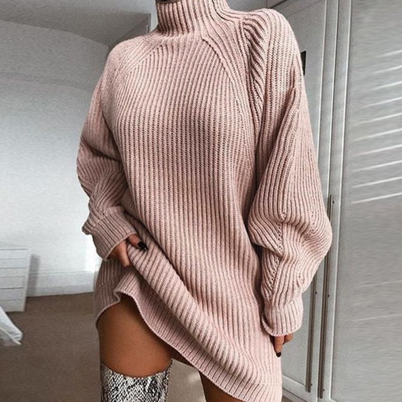 New Autumn And Winter Women's Sweaters Mid-length Raglan Sleeves Half Turtleneck Women's Sweater Dress