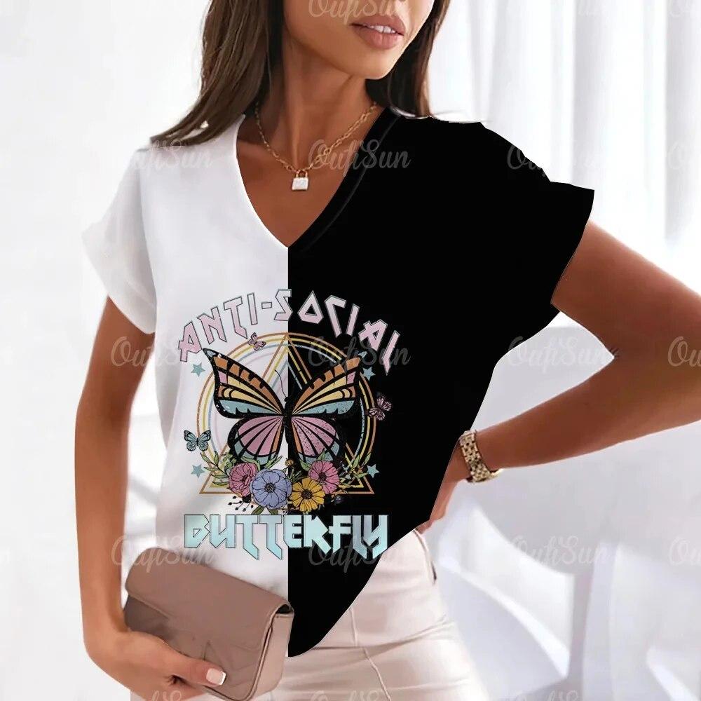 2024 Summer Women's T-Shirts Butterfly V-Neck Shirts Fashionable Short Sleeve Tees Oversized Ladies Tops Casual Women's Clothing