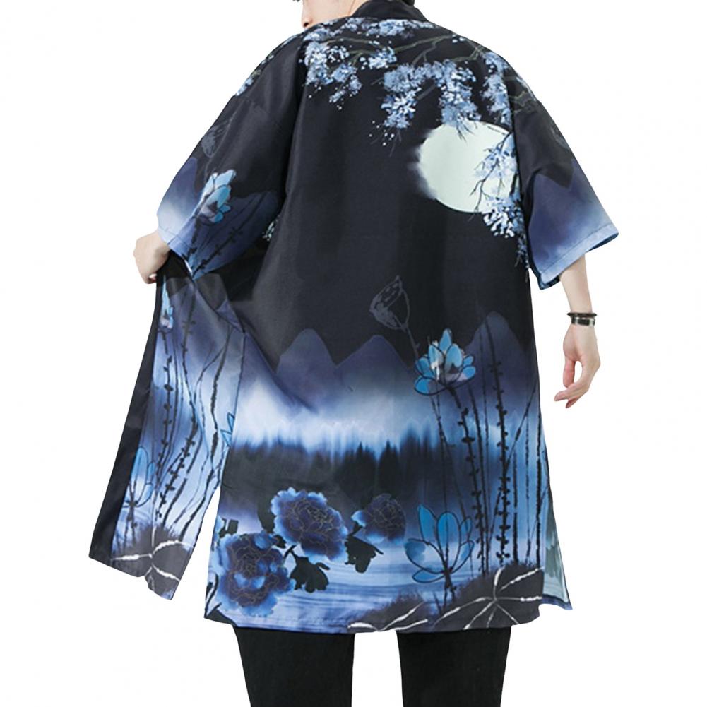 Унисекс Блузка Винтажный Стиль Японский Стиль Рукав 3/4 Удобная Посадка Кардиган С Принтом Птиц Халат С разрезами Подол Активный Путешествия Вечеринки Повседневный W