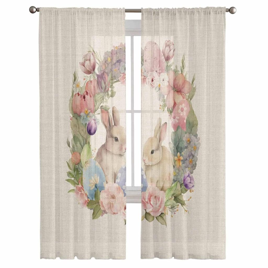 Тюлевые шторы с пасхальным кроликом, яйцами и цветами для гостиной, прозрачные занавески для спальни, кухни, жалюзи, вуаль, шторы
