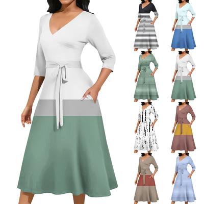 Женское повседневное модное платье миди с V-образным вырезом и рукавом три четверти