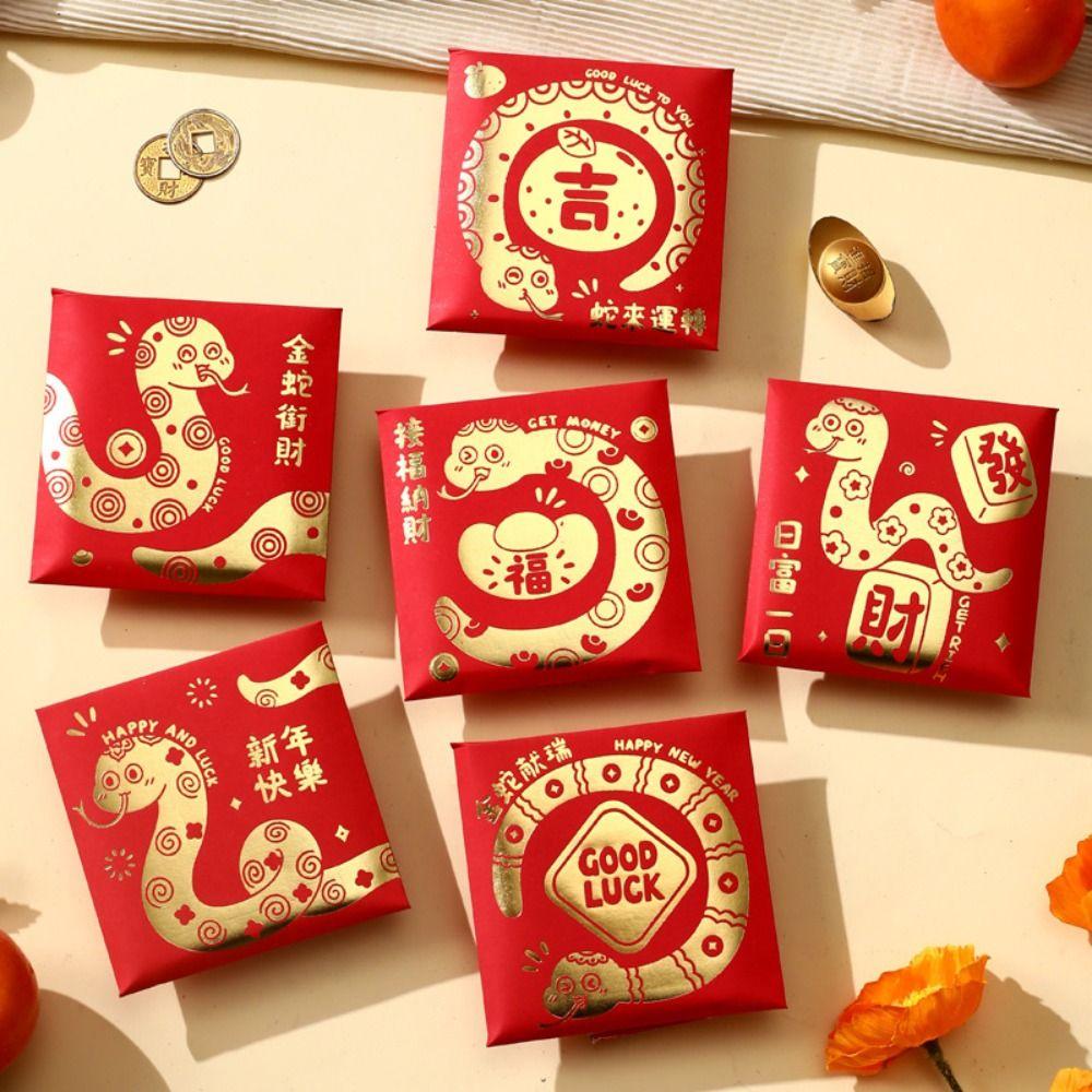 6pcs Traditional 2025 Snake Year Red Envelopes Chinese Style Money Packet Red Pocket Kids Gift