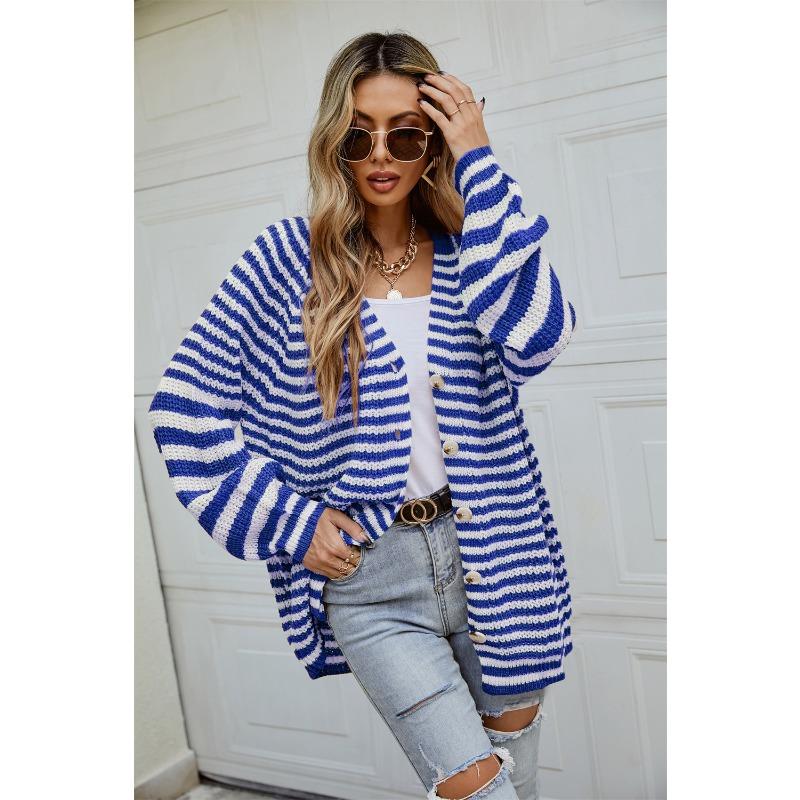 Осенне-зимний женский полосатый трикотажный свитер большого размера Loose Lazy однобортный кардиган с V-образным вырезом