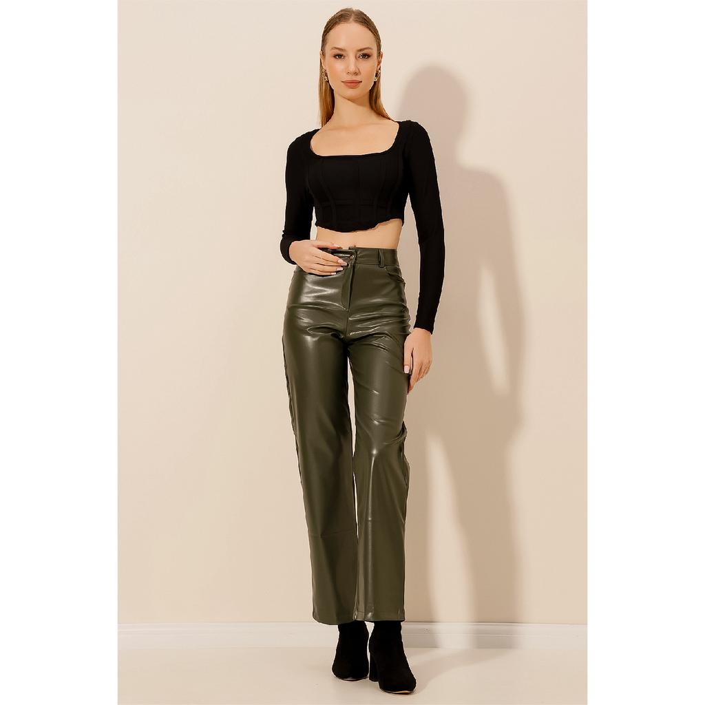 Women's High Waist Leather Trousers