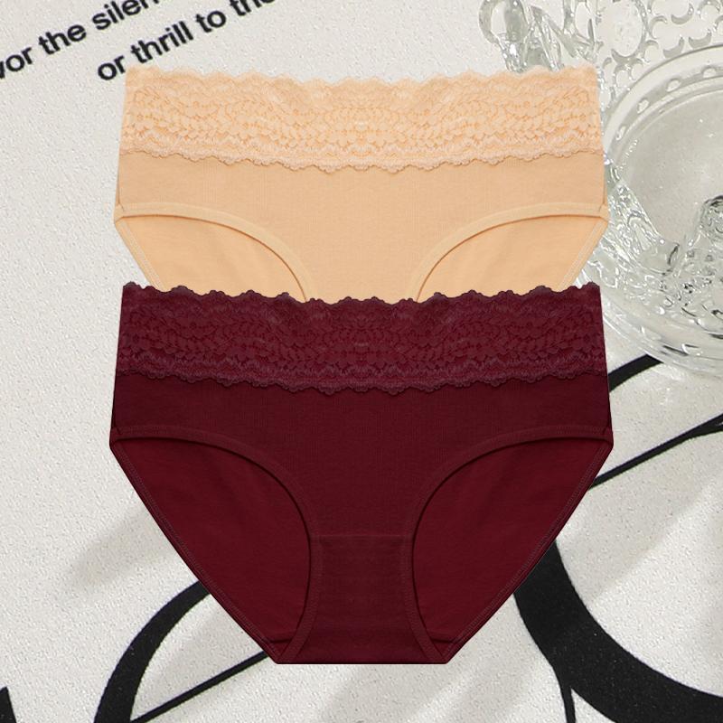 FINETOO 2Pcs Women Cotton Seamless Underwear Sexy Lace Waist Patchwork Panties Female Solid Briefs Plus Size Breathable Lingerie