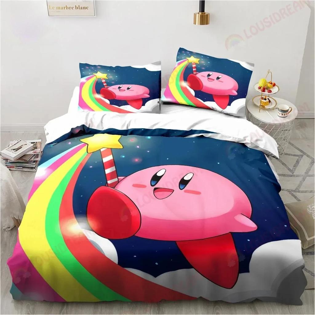 Мультяшный принт Кирби Постельное белье Пододеяльник, Набор из 2 предметов Пододеяльник Подходящая наволочка с застежкой-молнией Мягкая микрофибра Односпальный