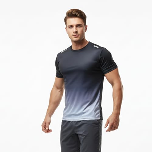 Men's Gradient Athletic T-Shirt, Short Sleeve Stretch Crew Neck Sports Top for Running Gym and Training