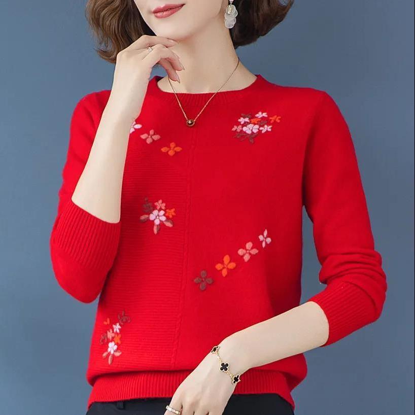 Женский свитер с круглым вырезом, вышитый, свободный пуловер, трикотаж, мягкий эластичный вязаный топ, весна-осень