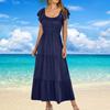 Women's Summer Casual Short Sleeve Square Neck Smocked Elastic Waist Tiered A Line Maxi Dress With Pockets