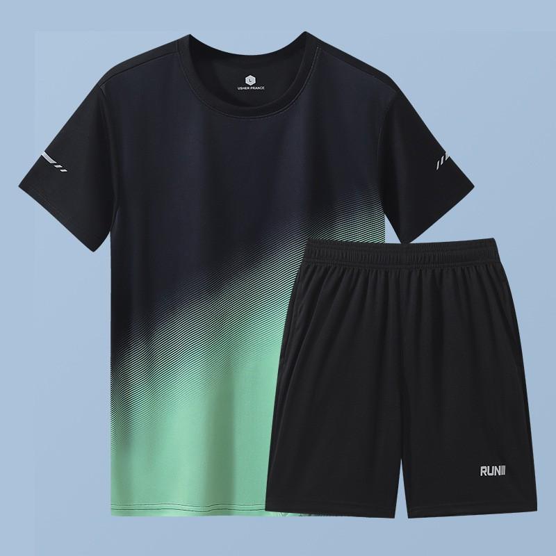 Mens Quick-Dry Ice Silk Sport Set Short Sleeve T-Shirt Shorts Running Gym Badminton