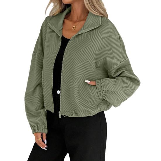 Women's Full Zip Short Jacket Casual Long Sleeve Stand Collar Crop Coat Drawstring Hem Fall Sweatshirt with Pockets