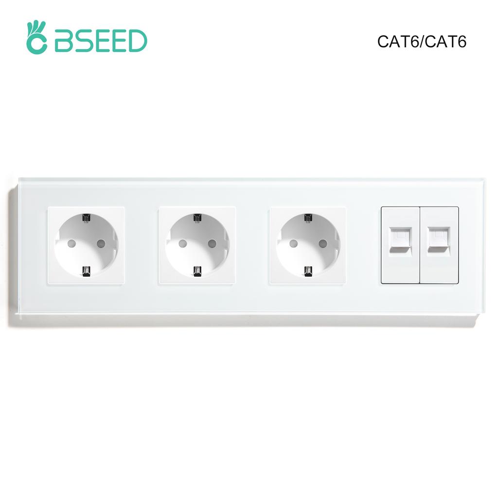 BSEED Двойная интернет-розетка CAT6 Настенная розетка Плюс EU Розетки питания Плюс Сетевой PC Data Компьютерный Коннектор Розетки Стеклянная Панель