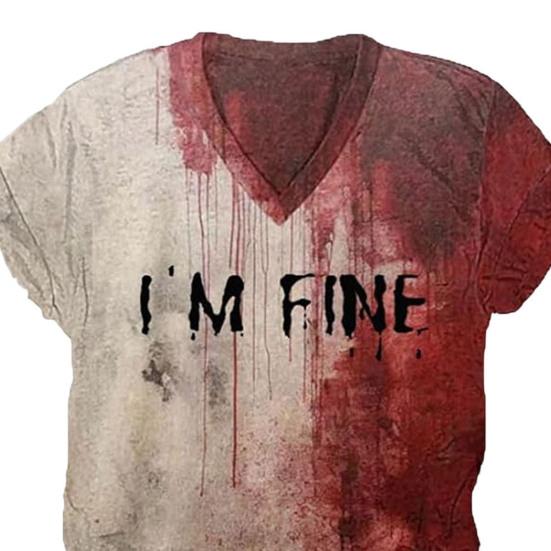 Хэллоуин Кровавая футболка Цифровая печать Пятна крови Текст Футболка Женские топы с V-образным вырезом Повседневная одежда Смешная одежда ужасов