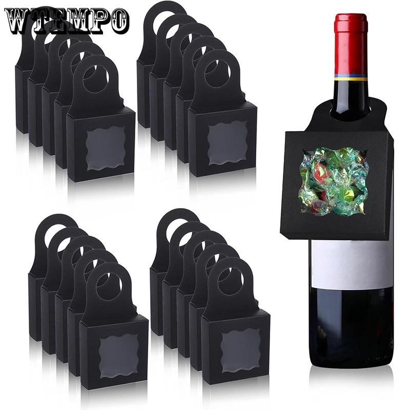 WTEMPO 50PCS Wine Bottle Hanging Boxes with Transparent Wave Window Gifts Kraft Paper Boxes Champagne Hanging Treat Boxes, Mini Charcuterie Boxes